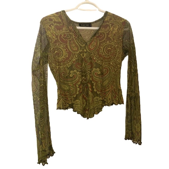 Y2K Garage Green Paisley Long Sleeve Mesh Top - Picture 1 of 5